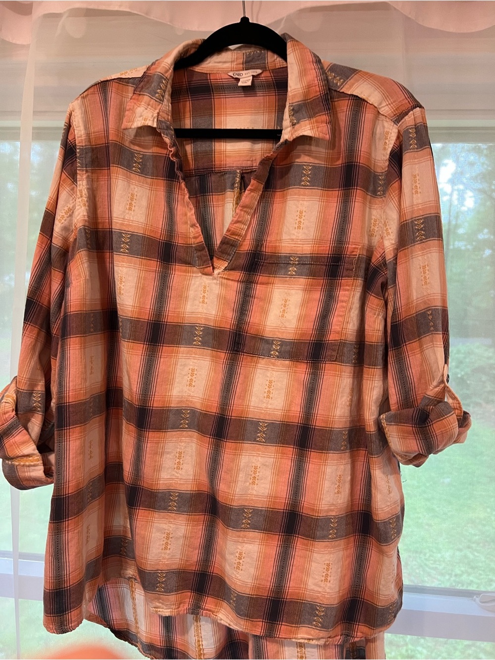 Cato Peach and Gray Plaid Button-Down Tunic